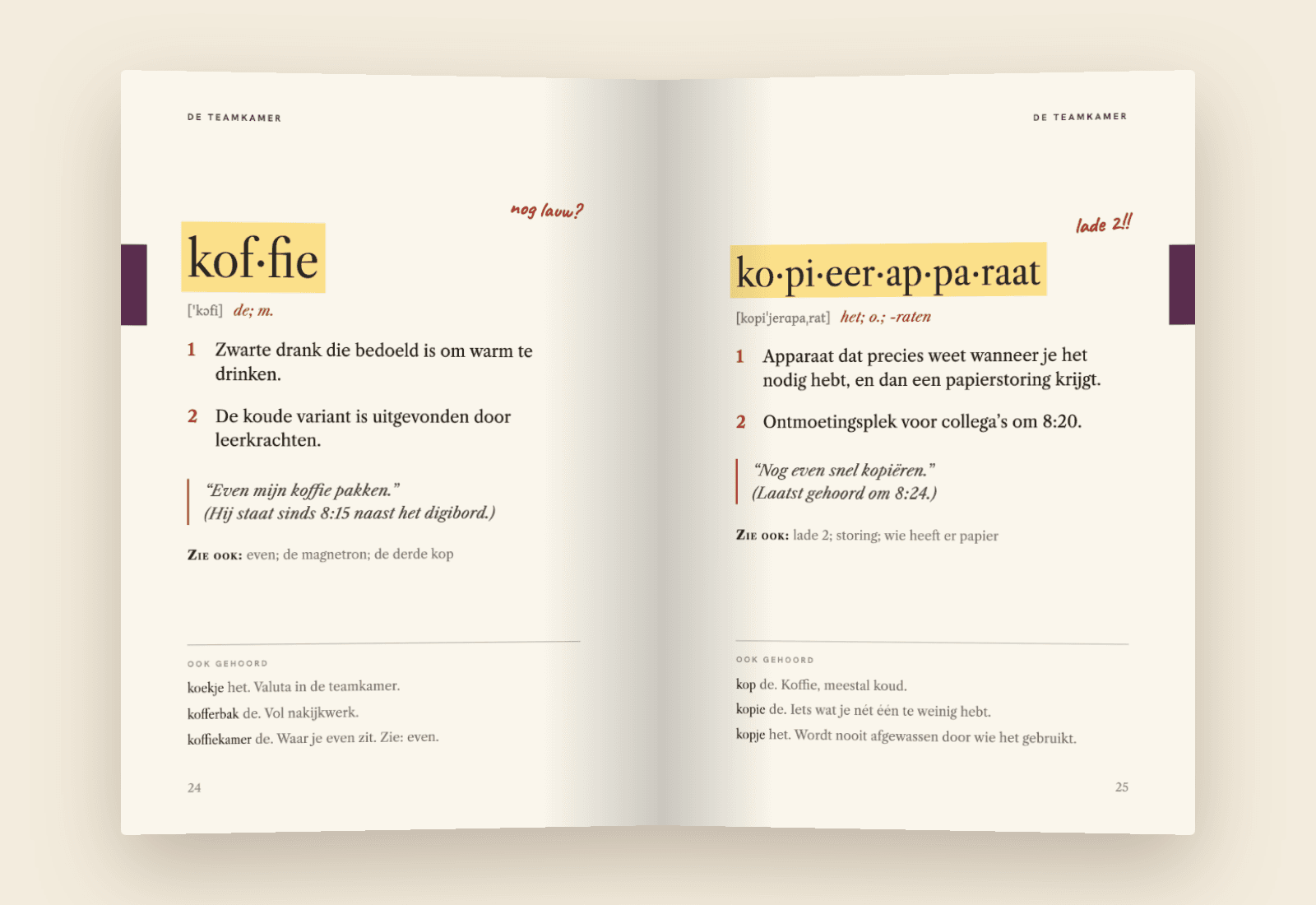 Opengeslagen Leerkracht Woordenboek: de woorden koffie en kopieerapparaat